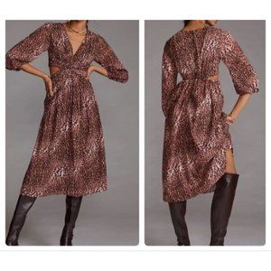 Anthropologie Ranna Gill Cut Out Midi Dress Leopard Print Sz S Lined NWT $190